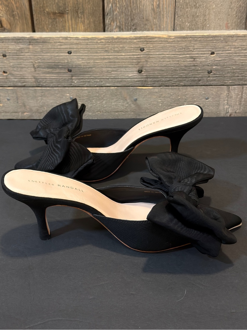 Loeffler Randall Margot Bow Mules Black Moire Pointed Toe Heels Holiday Glam 10